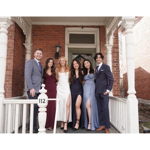 Navy Ruched Slit Leg V Neck Dress - Picture 3 of 5